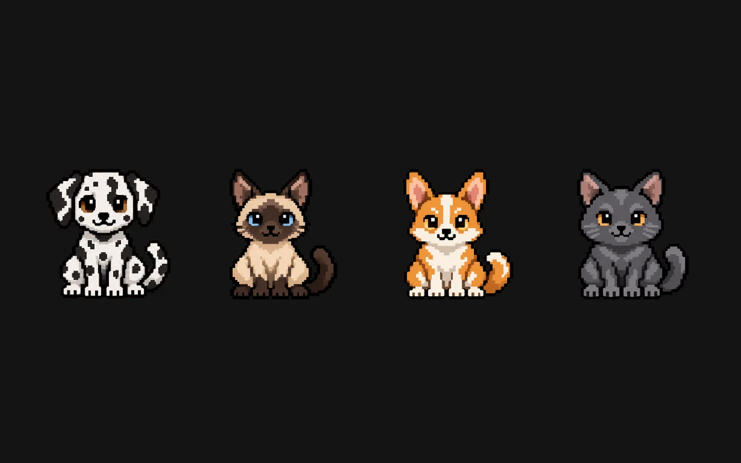 Four of Arrumi's pets sitting in a row: a Dalmatian, a Siamese cat, a Corgi and a British Shorthair