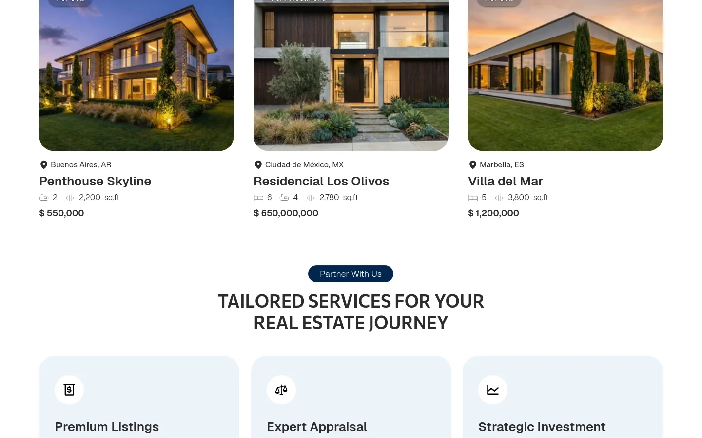 Austral Properties property cards and the start of the services section