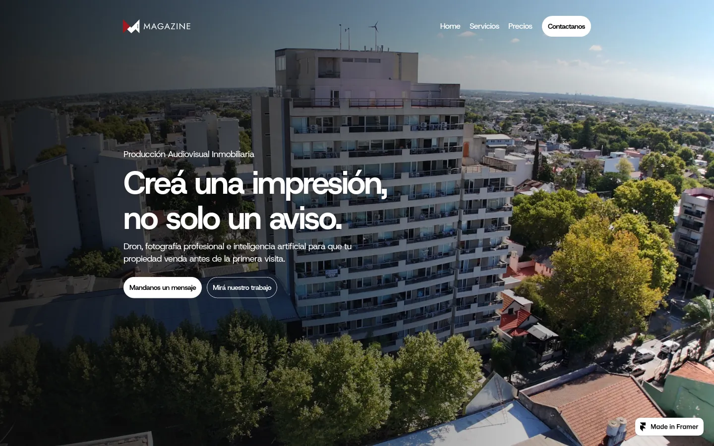 Magazine hero with an aerial photo of a building and the headline 'Creá una impresión, no solo un aviso.'