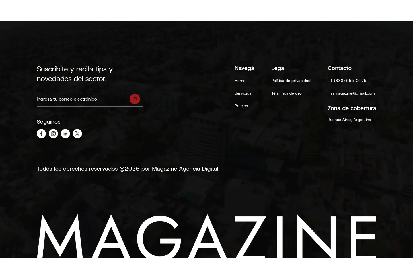 Magazine footer with the name set in large letters